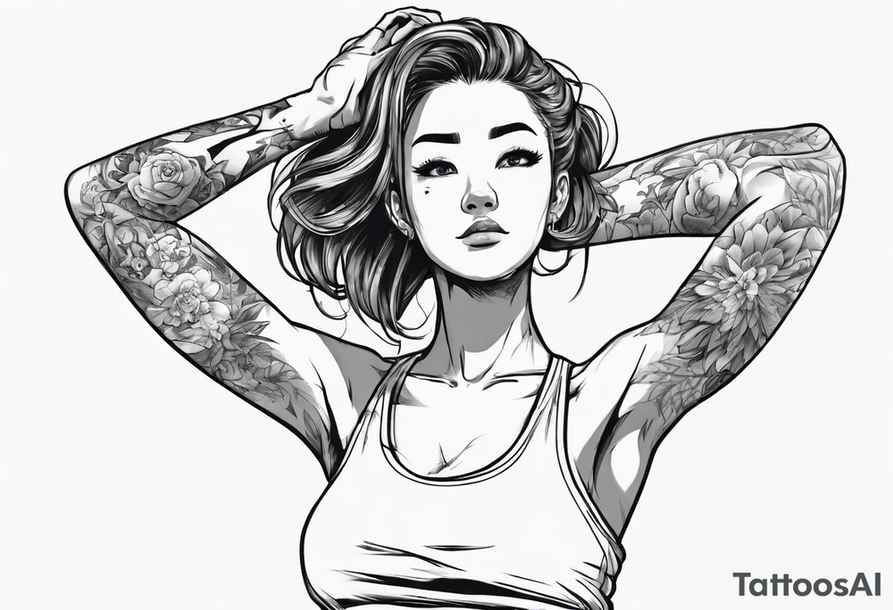 Cute girl stretching he arms above her head. She is wearing a sleeveless shirt tattoo idea