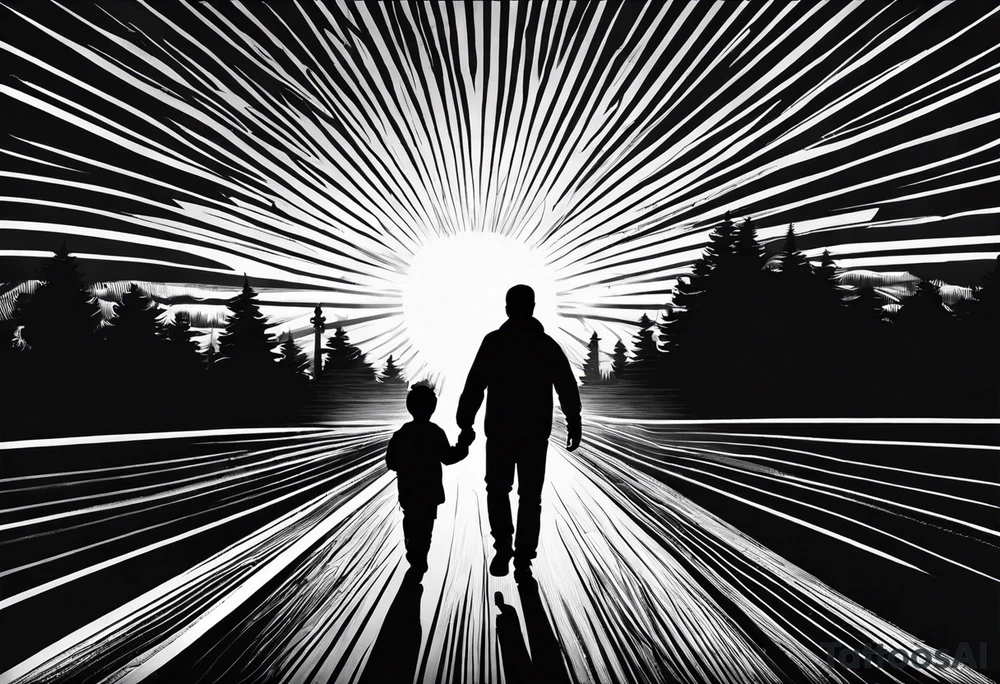 sleeve tattoo sun rays with road and dad, daughter and son silhouette tattoo idea