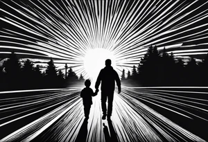 sleeve tattoo sun rays with road and dad, daughter and son silhouette tattoo idea
