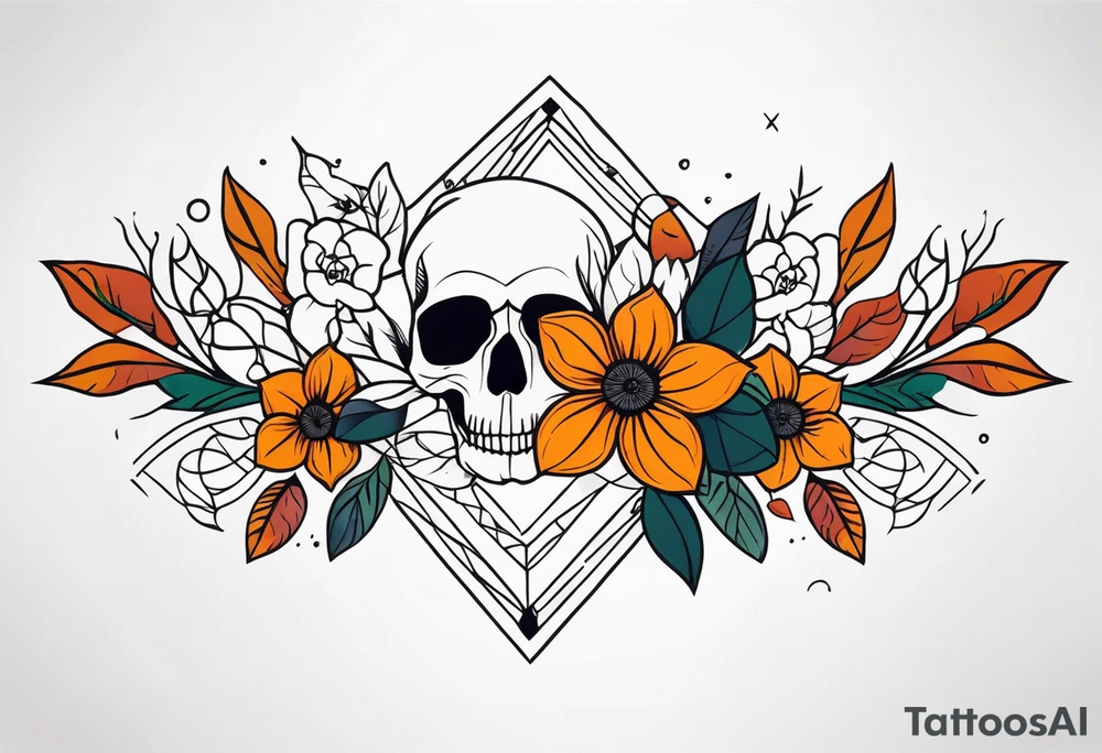 Knee tattoo with fall colors, flowers, skulls and geometric shapes. tattoo idea