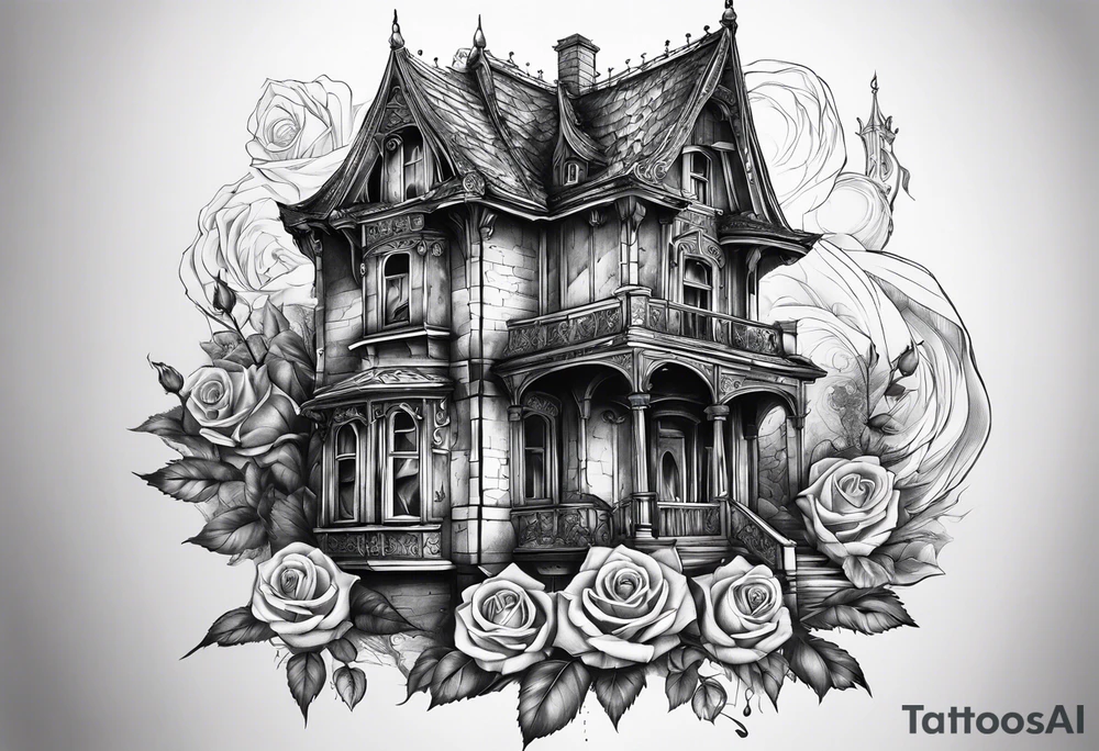 fool sleeve,, abandoned old gotic house, broken sword, roses, tattoo idea