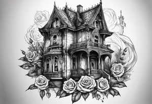 fool sleeve,, abandoned old gotic house, broken sword, roses, tattoo idea