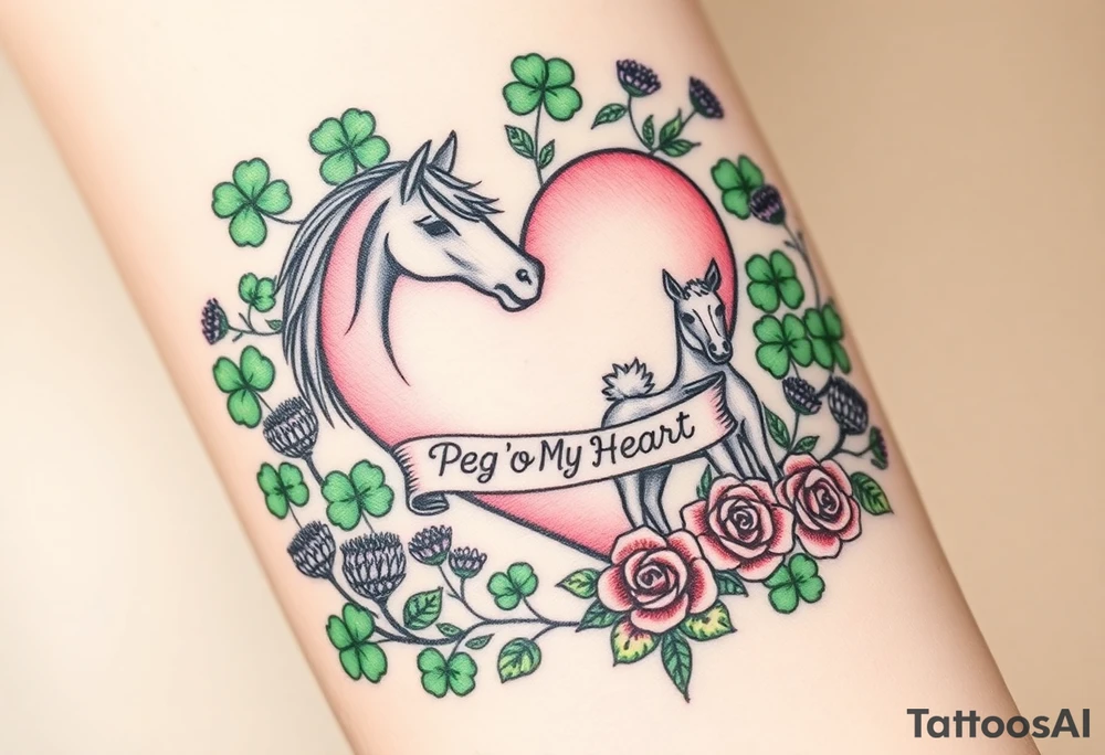 a big pale pink heart and a mare and a colt in a huge patch of green shamrocks, and purple thistles, and red roses with a banner across the heart that says Peg 'o My Heart tattoo idea
