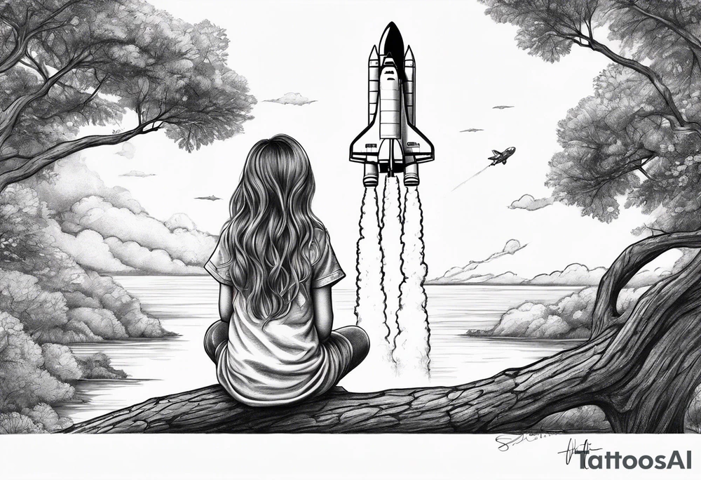 back of small girl in dress with long hair sitting on a tree branch watching a space shuttle launch in the distance tattoo idea