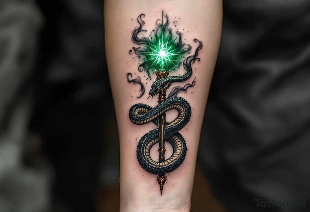 A serpent entwined around a wand, with the snake’s fangs piercing the wand's handle. The wand is glowing faintly with a dark green energy, surrounded by swirling black smoke. Dark green for the magical energy, black for the smoke, and muted gold and silver for the wand details. tattoo idea