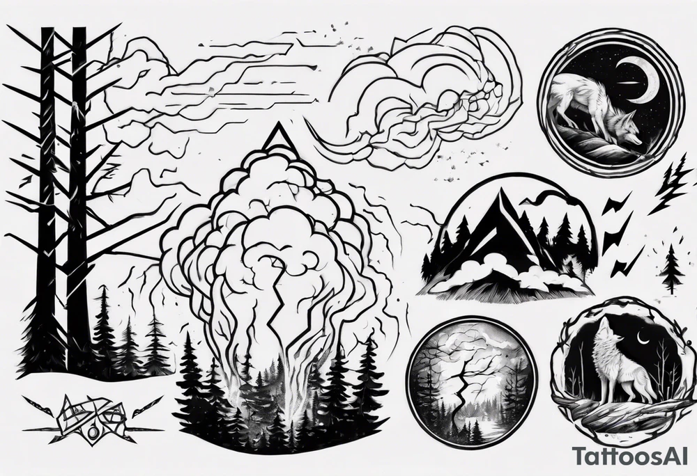 a thunder and lightning storm over a forest with a distant wolf howling and a drums tattoo idea a thunder and lightning storm over a forest with a distant wolf howling and a drums tattoo idea