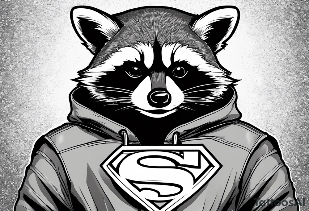 raccoon wearing a Superman hoodie tattoo idea