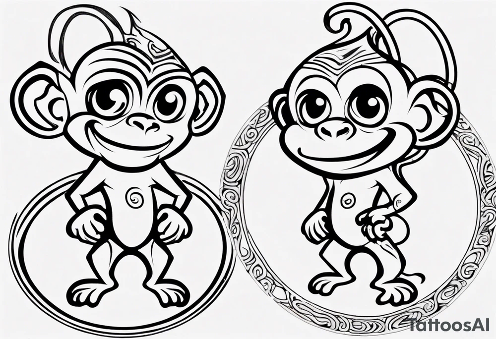 Create a tribal cartoon monkey outline in a small disconnected circle tattoo idea