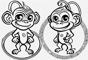 Create a tribal cartoon monkey outline in a small disconnected circle tattoo idea