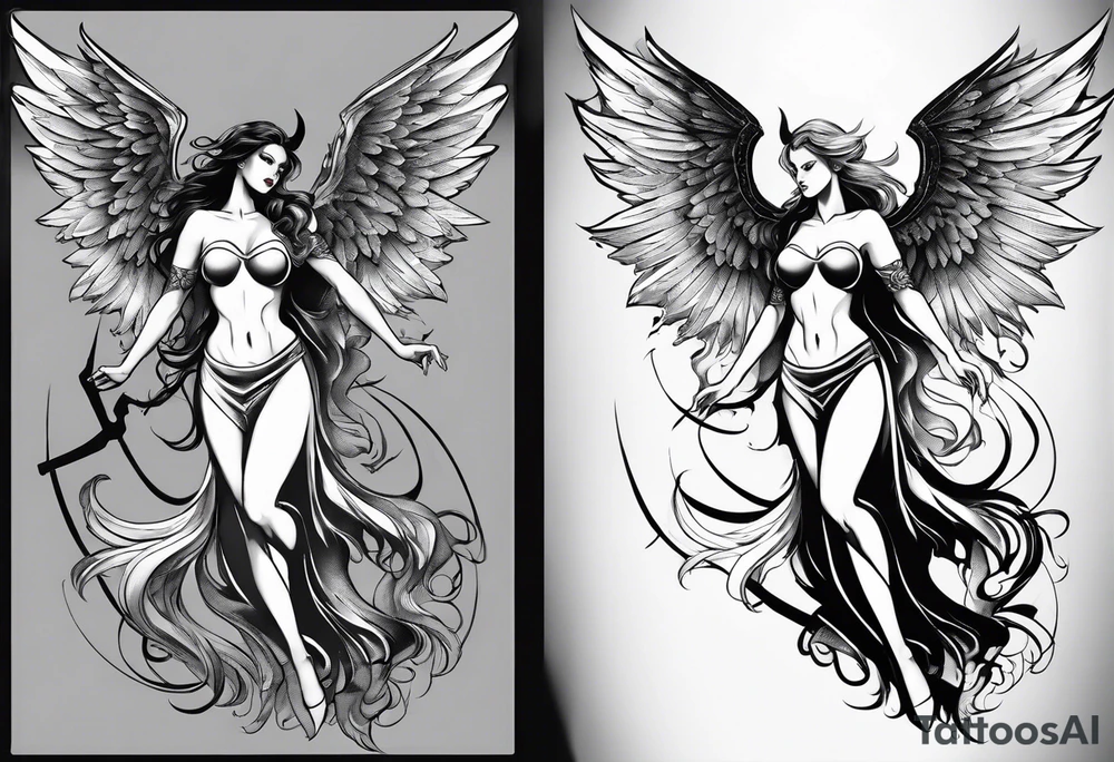 angel woman and devil woman fighting, arguing on the sky , big wings and full body, angel at the right side and have normal wing but devil woman at the left side and with bat wing tattoo idea
