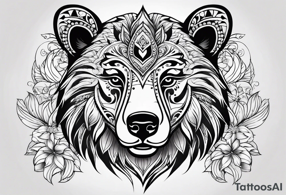 Tribal bear face with flower ear tattoo idea
