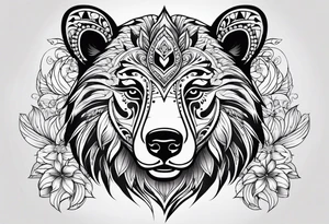 Tribal bear face with flower ear tattoo idea