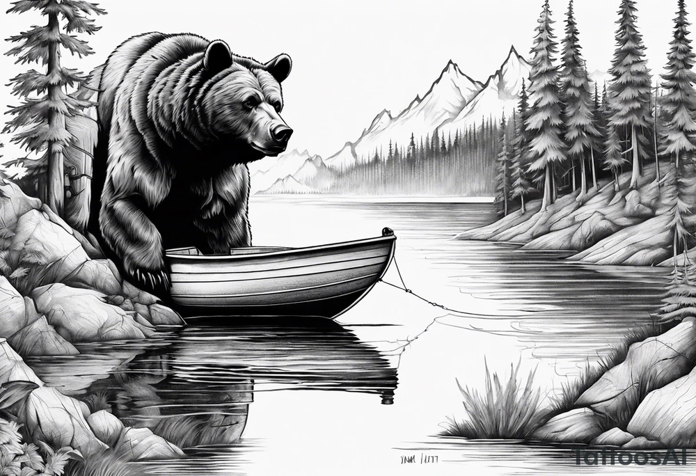 bear head right above the forest line with a lake below with a small fisher boat floating on it, full sleeve tattoo tattoo idea