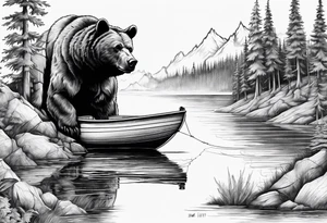 bear head right above the forest line with a lake below with a small fisher boat floating on it, full sleeve tattoo tattoo idea