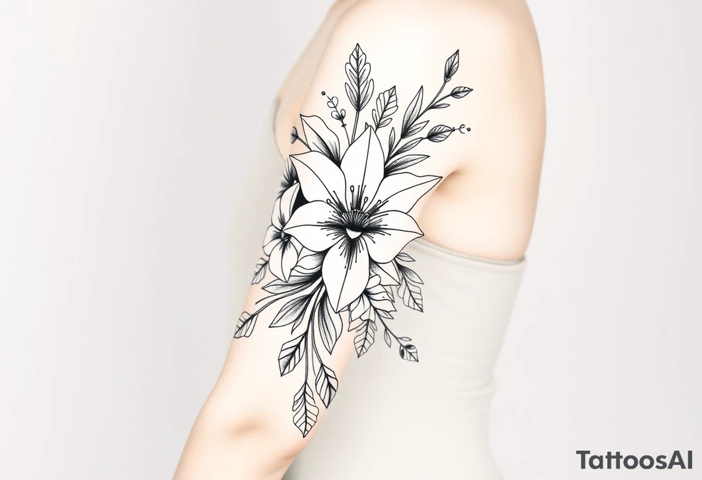 floral composition for sleeve of lycoris flowers with japanese vibe, mutiple ornemental patern and leaf, dot geometric ornement, tattoo idea