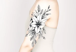 floral composition for sleeve of lycoris flowers with japanese vibe, mutiple ornemental patern and leaf, dot geometric ornement, tattoo idea
