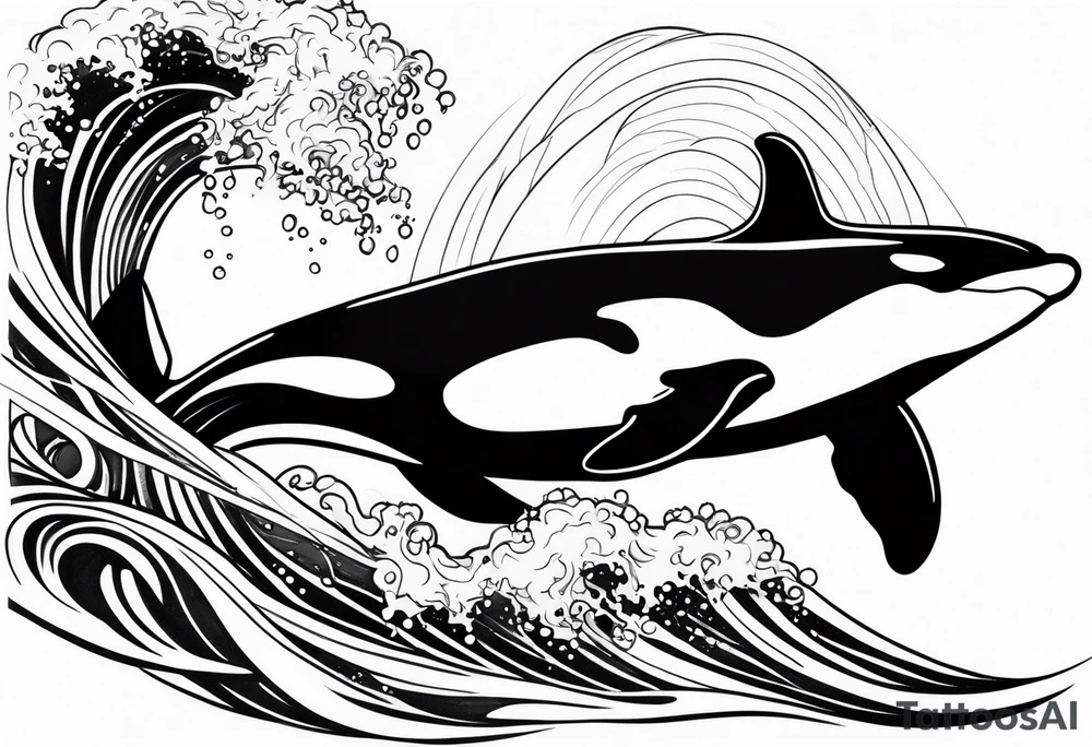 transient orca, Japanese realism, simplistic, shaded high contrast, flowing, waves and kelp highlights tattoo idea