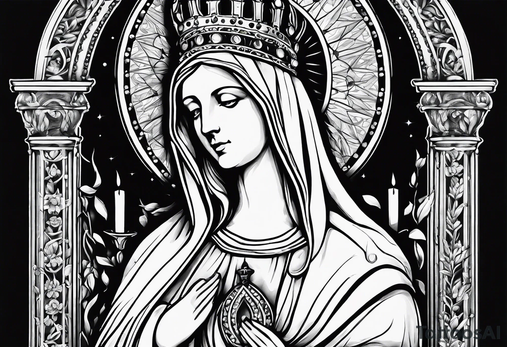 sleeve of virgin mary statue, rosary, 3 candles, and a crown of thorns tattoo idea