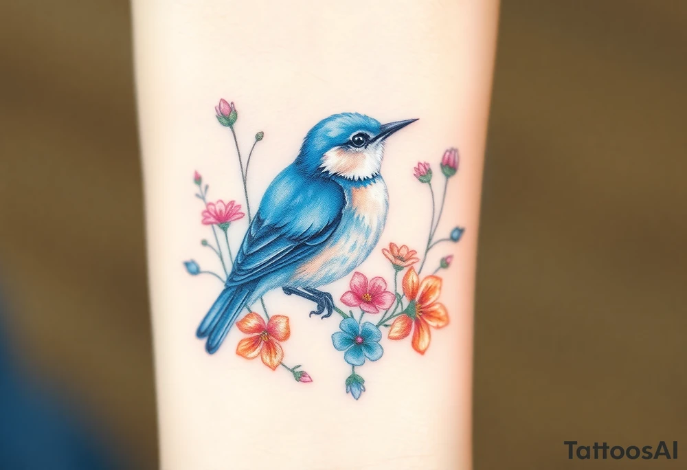 Puffy bluebird surrounded by wild flowers tattoo idea