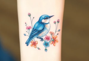 Puffy bluebird surrounded by wild flowers tattoo idea