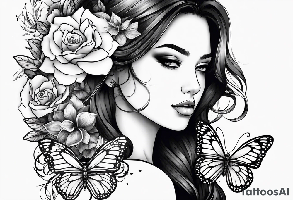 Half face with flowers and butterfly tattoo idea