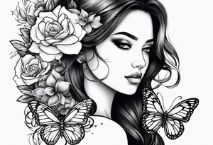 Half face with flowers and butterfly tattoo idea