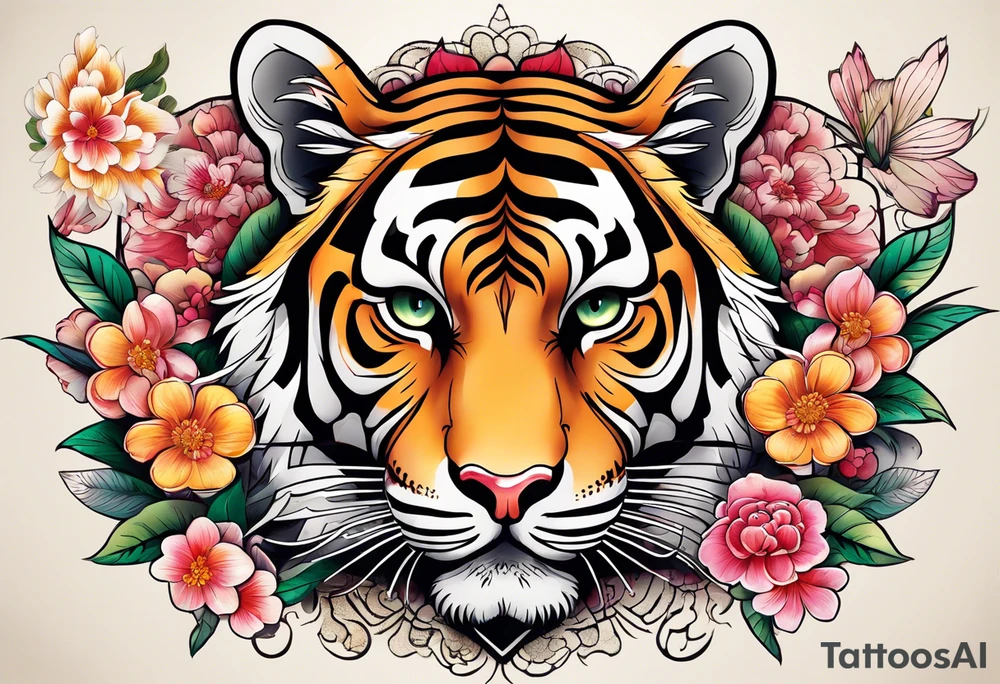 Numerology with flowers, tiger and the numbers 1111, 888, 222, 444, 777, 1234 tattoo idea