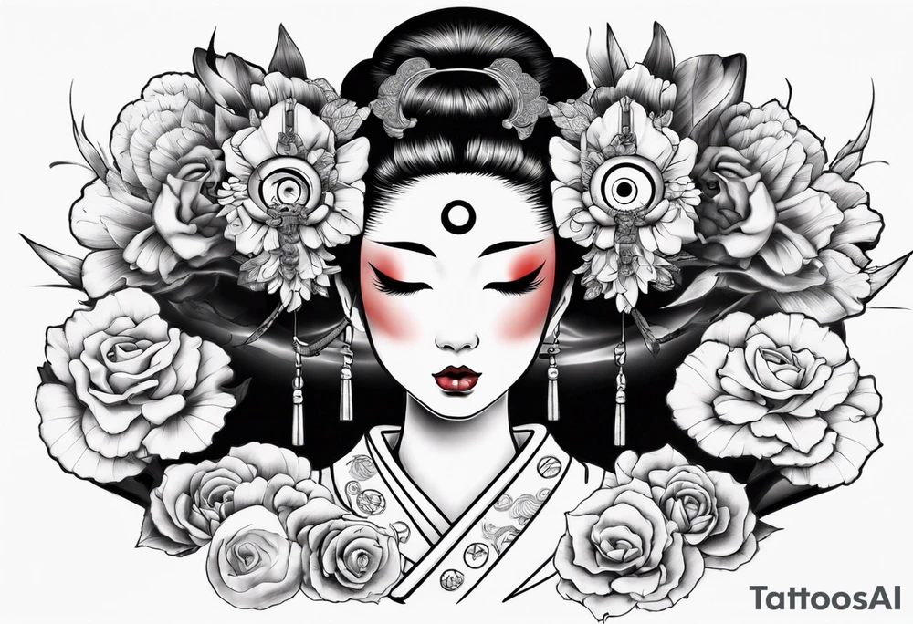 geisha face with two eyes closed and third eye open tattoo idea