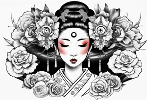 geisha face with two eyes closed and third eye open tattoo idea