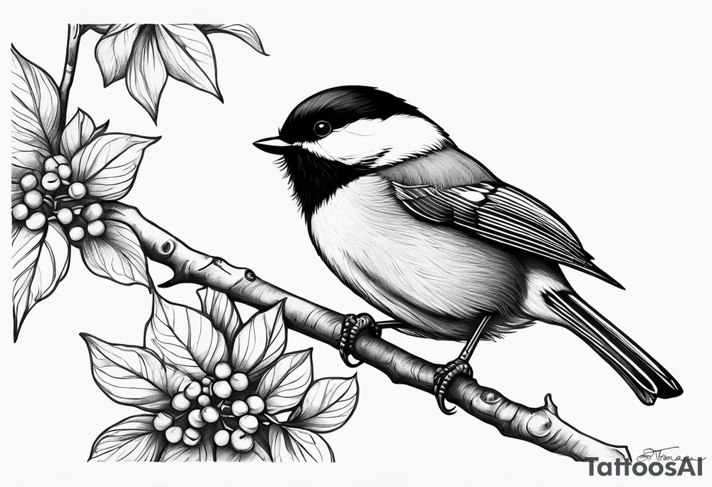 Illustrate a tattoo of a chickadee perched on a twig, focusing on clean lines and minimal detail for an understated design tattoo idea