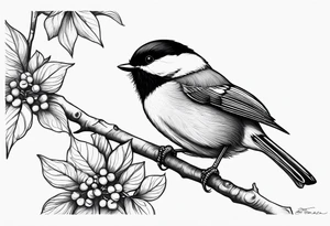 Illustrate a tattoo of a chickadee perched on a twig, focusing on clean lines and minimal detail for an understated design tattoo idea