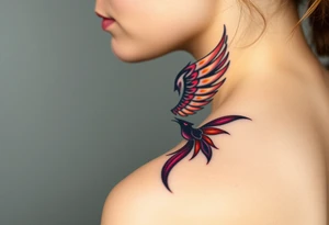 Phoenix rising from the ashes with the colors red, pink, orange and purple. Size 3 cm wide and 5 cm high tattoo idea