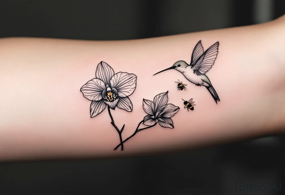 A delicate, black and white fine-line tattoo for male, featuring gracefully detailed 2 orchids in full bloom including their stems, with soft, intricate petals and elegant curves. Beside it, a hummingbird hovers mid-flight, its wings drawn with subtle motion lines, its slender beak reaching toward the orchid’s center to drink its nectar. on the other flower there is a bee that is resting tattoo idea