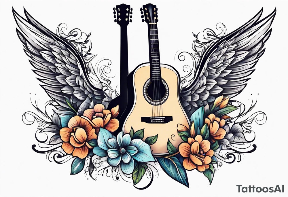guitar with wings and flowers simple design traditional vintage tattoo idea