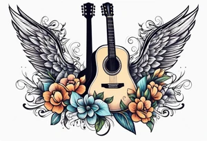 guitar with wings and flowers simple design traditional vintage tattoo idea
