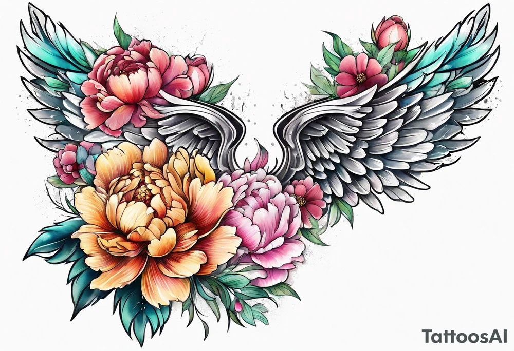 beautiful angel wings with colorful peonies. beautiful flilligree in the background tattoo idea