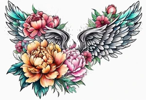 beautiful angel wings with colorful peonies. beautiful flilligree in the background tattoo idea