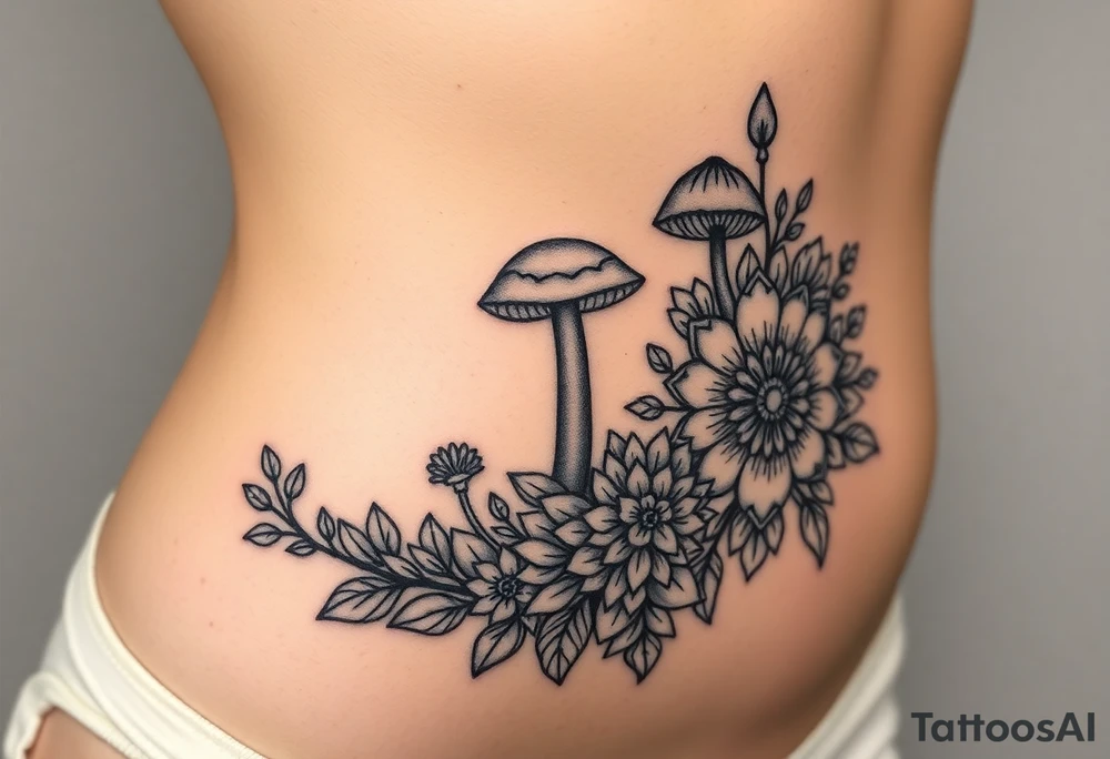 Could you possible make me a nature tattoo with mushrooms crystals  flowers mandala boho but vibrant colorful and psychedelic colorful too that would wrap from front of hip around side to mid back to cover an existing one tattoo idea