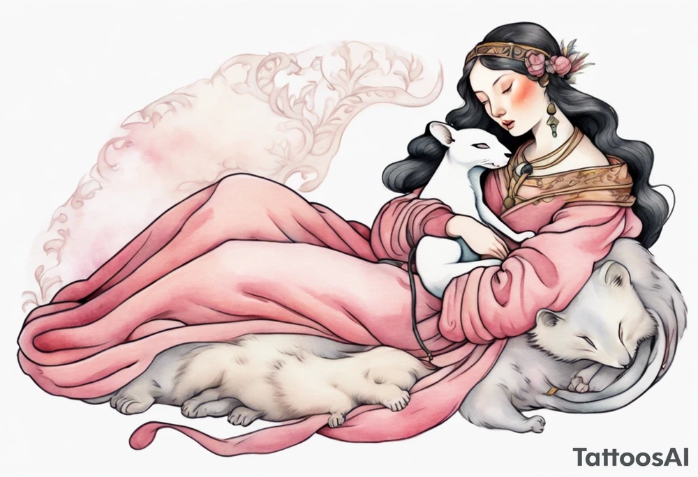 an ermine with pink fur sleeping on the lap of a beautiful medieval woman tattoo idea