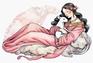 an ermine with pink fur sleeping on the lap of a beautiful medieval woman tattoo idea