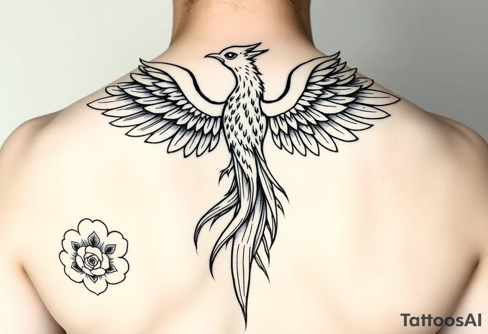 2. Phoenix Rising Over Water
	•	A phoenix (rebirth, power, transformation) spreading its wings over your shoulder.
	•	Behind it: a cascading waterfall to tie into your geisha back piece.
	•	The wings could subtly contain linework of roses and waves.
	•	On the chest side, the feathers could hide smaller symbols (like a bulldog pawprint, or a book page worked into the detail). tattoo idea