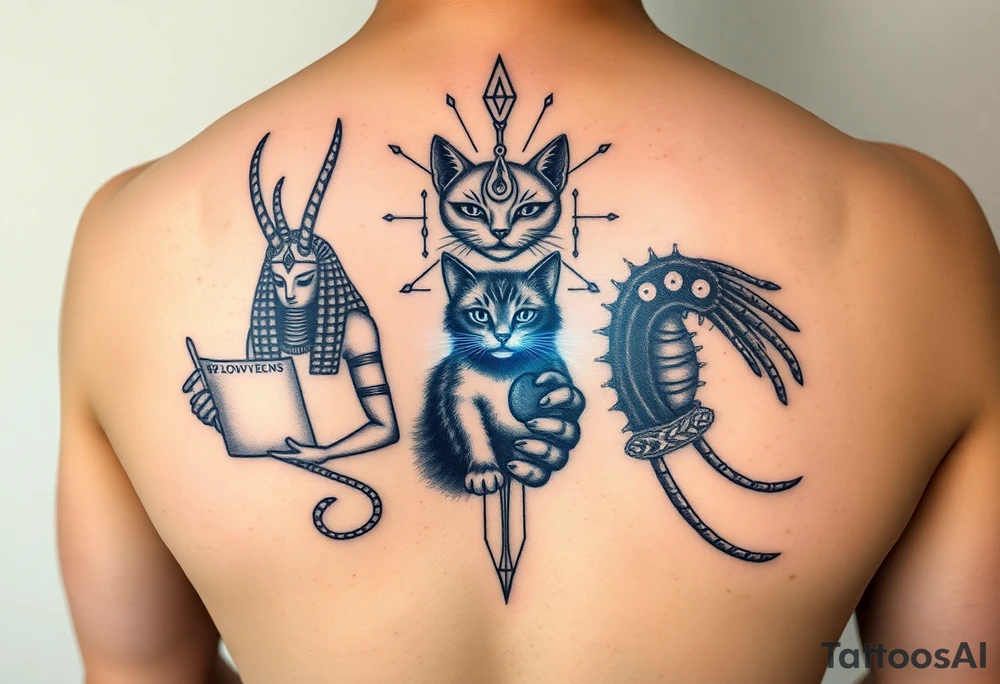 "Anubis split into two entangled versions:  
1. Ancient (holding papyrus with '42')  
2. Cyber (with quantum server instead of a heart)  
Between them: Schrödinger’s cat as a hologram.  

Style: Double exposure tattoo. Black/blue. Back piece." tattoo idea