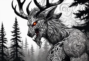 A scary terrifying horrifying rotting bone lore accurate wendigo side profile surrounded by a forest fire in background tattoo idea