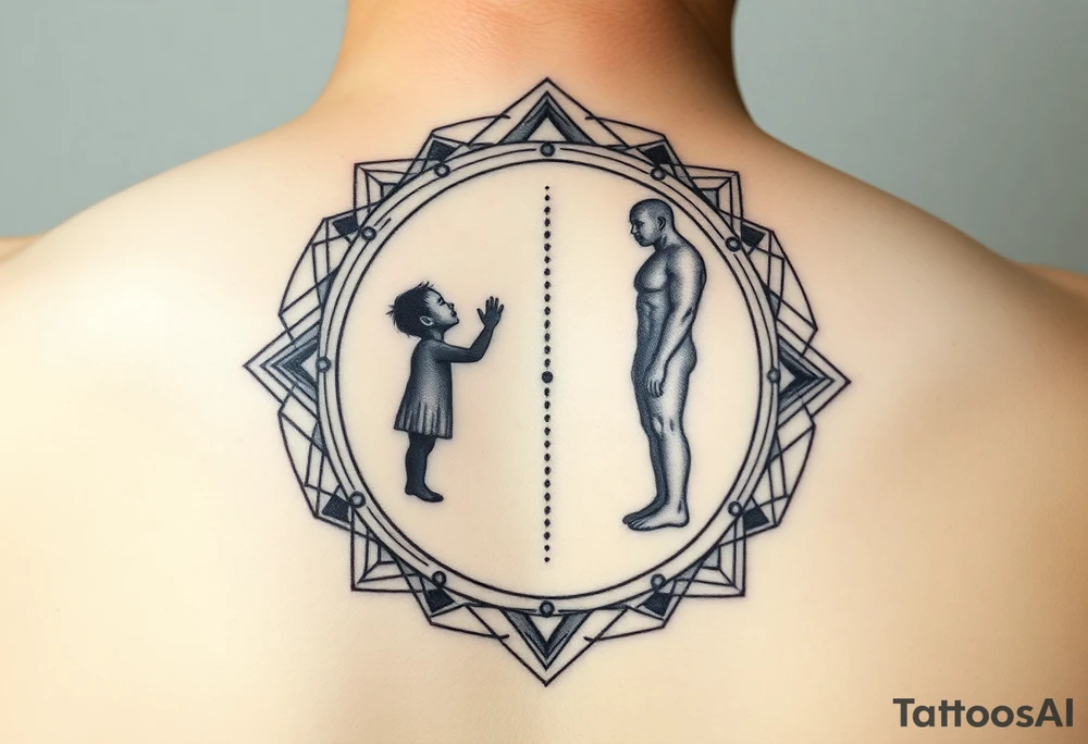 Geometric mirror portal tattoo, Art Deco frame mixed with sacred geometry, dual reflection showing silhouette of small child reaching upward on one side and strong adult figure on opposite side, abstract representation using shapes and shadows - child side has curved soft lines, adult side has sharp angular lines, dotwork and linework combination, black and grey, vertical design for upper arm tattoo idea