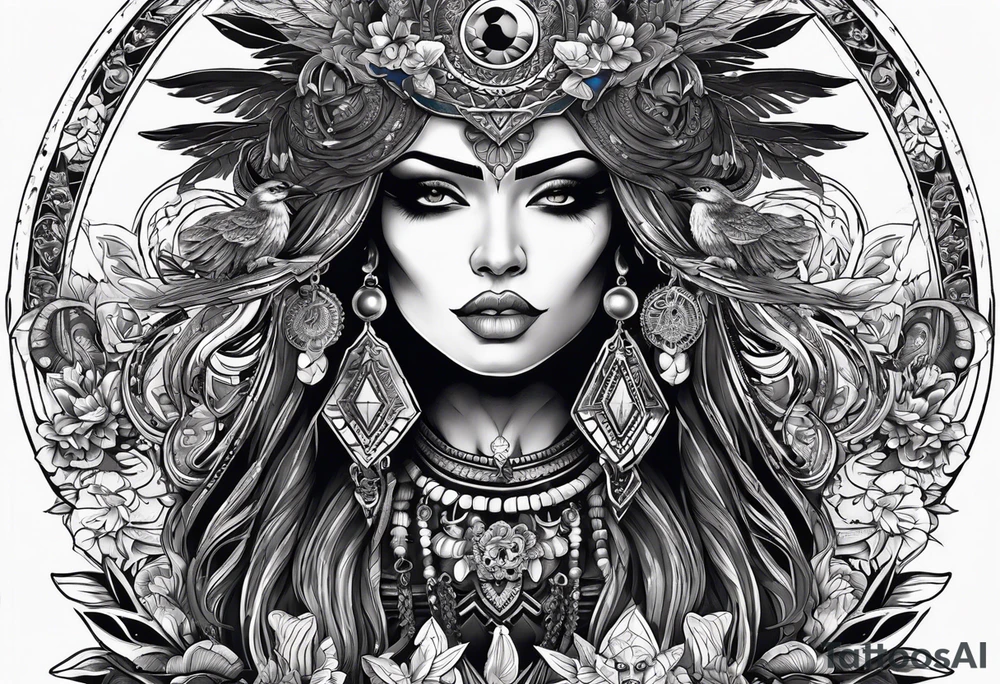 black kali, goddess pirate, alien, pachamama, valkrye, warrior, skull, lotus azul, wing, eagle, zenza resonance, stars, one side chest tattoo idea