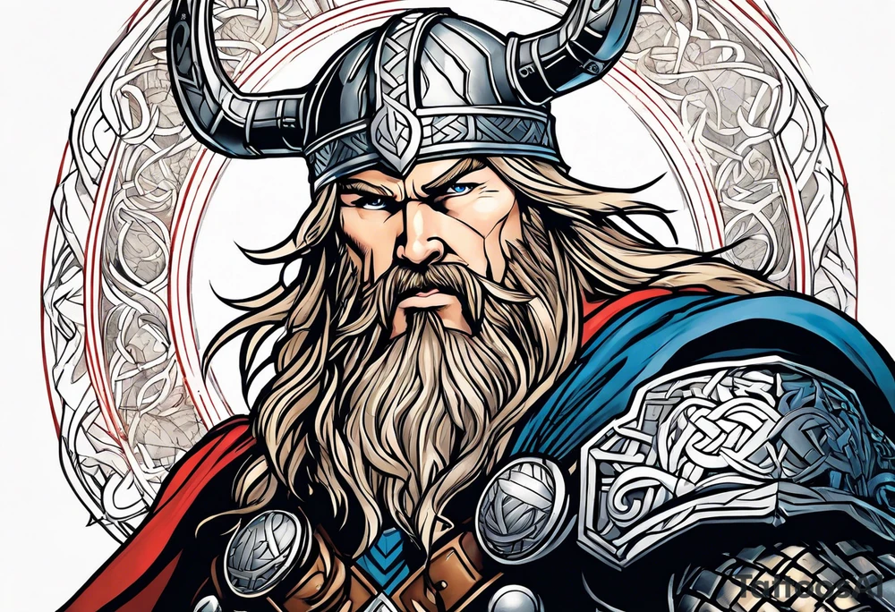 Thor with him holding mjolnir and a vignette of viking rune design tattoo idea