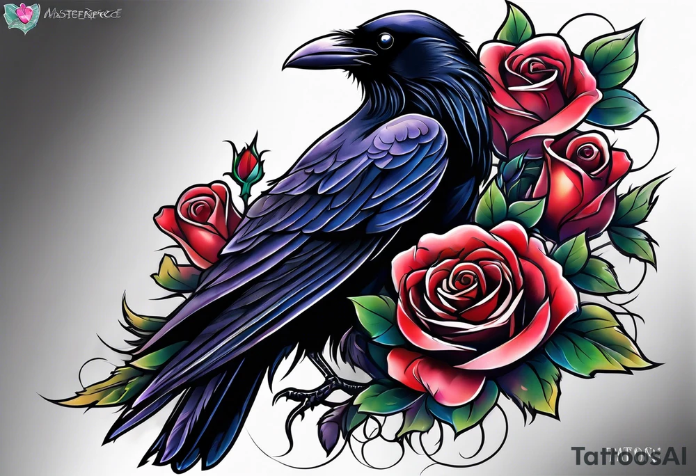 Raven looking back over shoulder with a rose underneath it tattoo idea