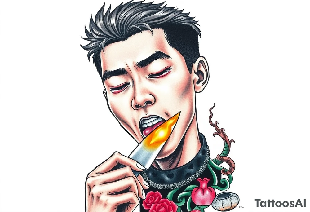 Handsome Asian young guy is licking a ritual knife tattoo idea