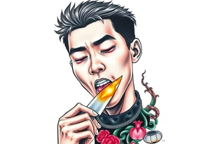 Handsome Asian young guy is licking a ritual knife tattoo idea