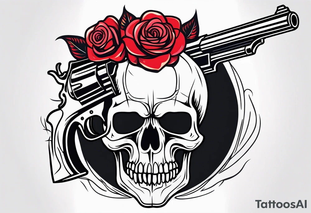 skull with a gun a  rose and an dominated by a  heart with  flames coming out of the top of it tattoo idea